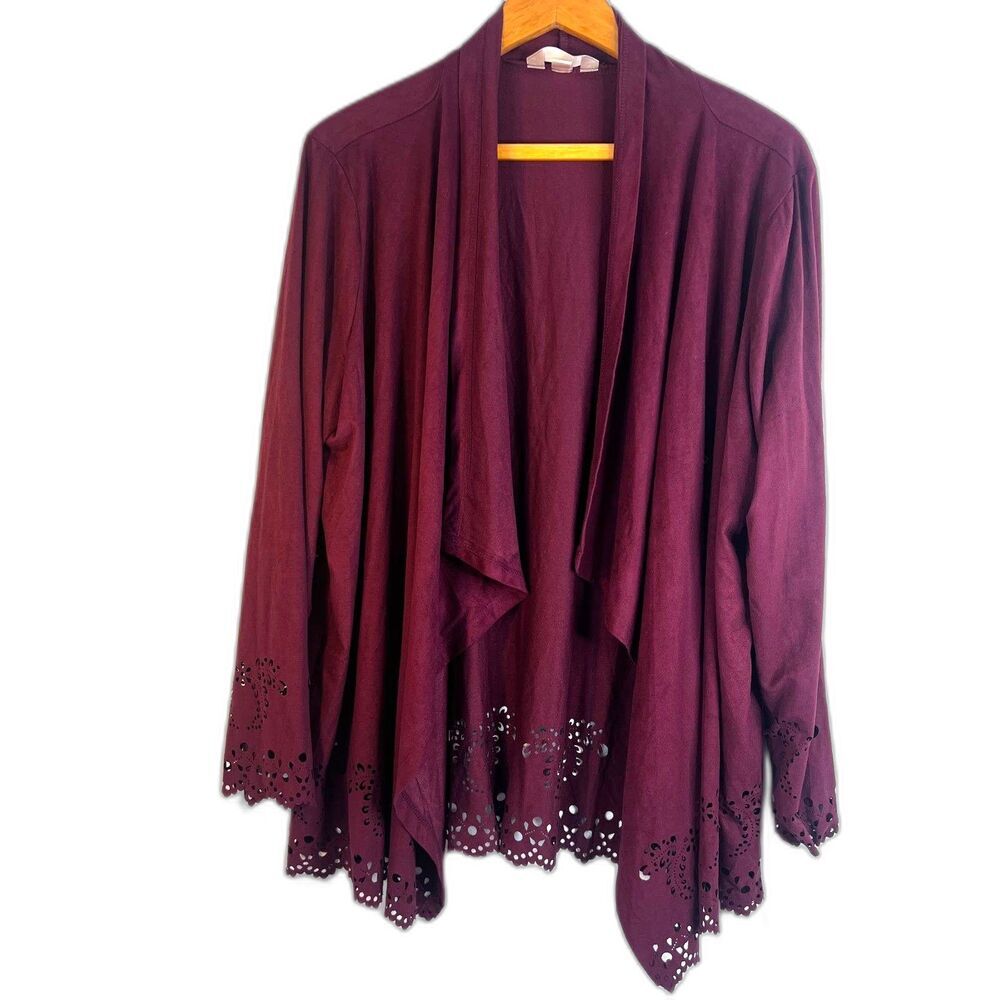 Krazy Kat Burgundy Open Front‎ Faux Suede Cut Out Trim Cardigan Size XL Boho